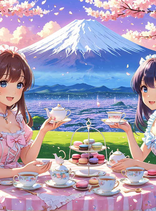 girls, tea, cherry blossoms