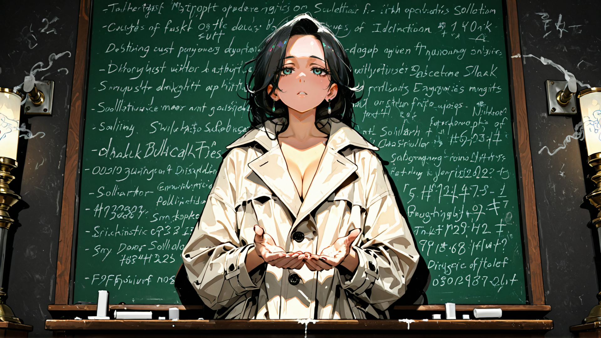 AI generated wallpaper featuring woman, chalkboard, lamps