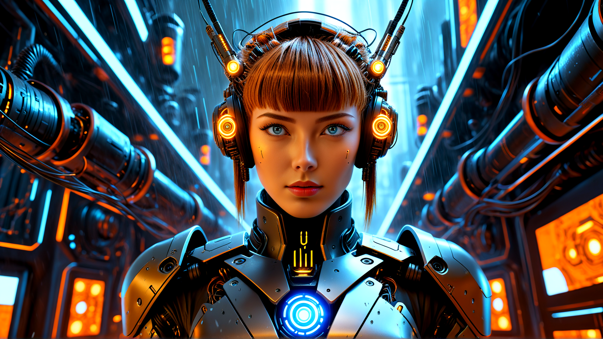 AI generated wallpaper featuring cyborg, robot, headphones, neon, cityscape, mechanical, gears, cyberpunk, lighting, suits
