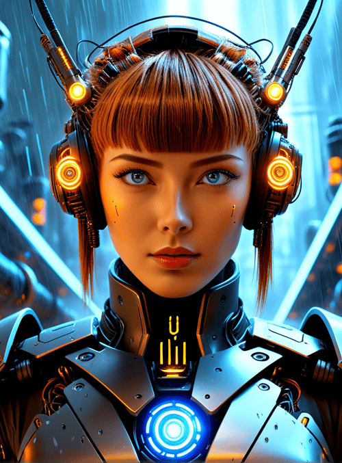cyborg, robot, headphones, neon, cityscape, mechanical, gears, cyberpunk, lighting, suits