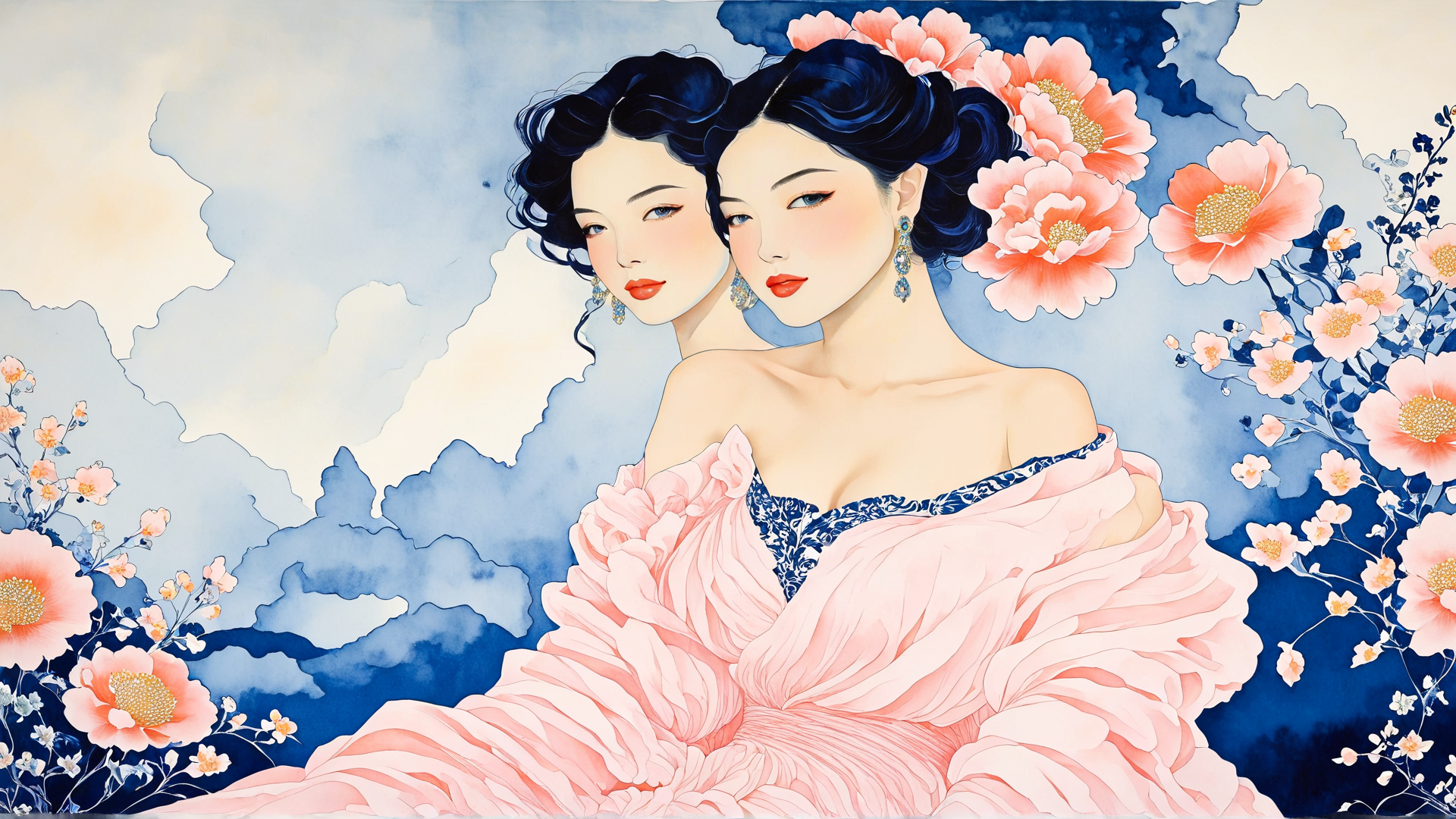 AI generated wallpaper featuring women, flowers, dress, hair, earrings, clouds
