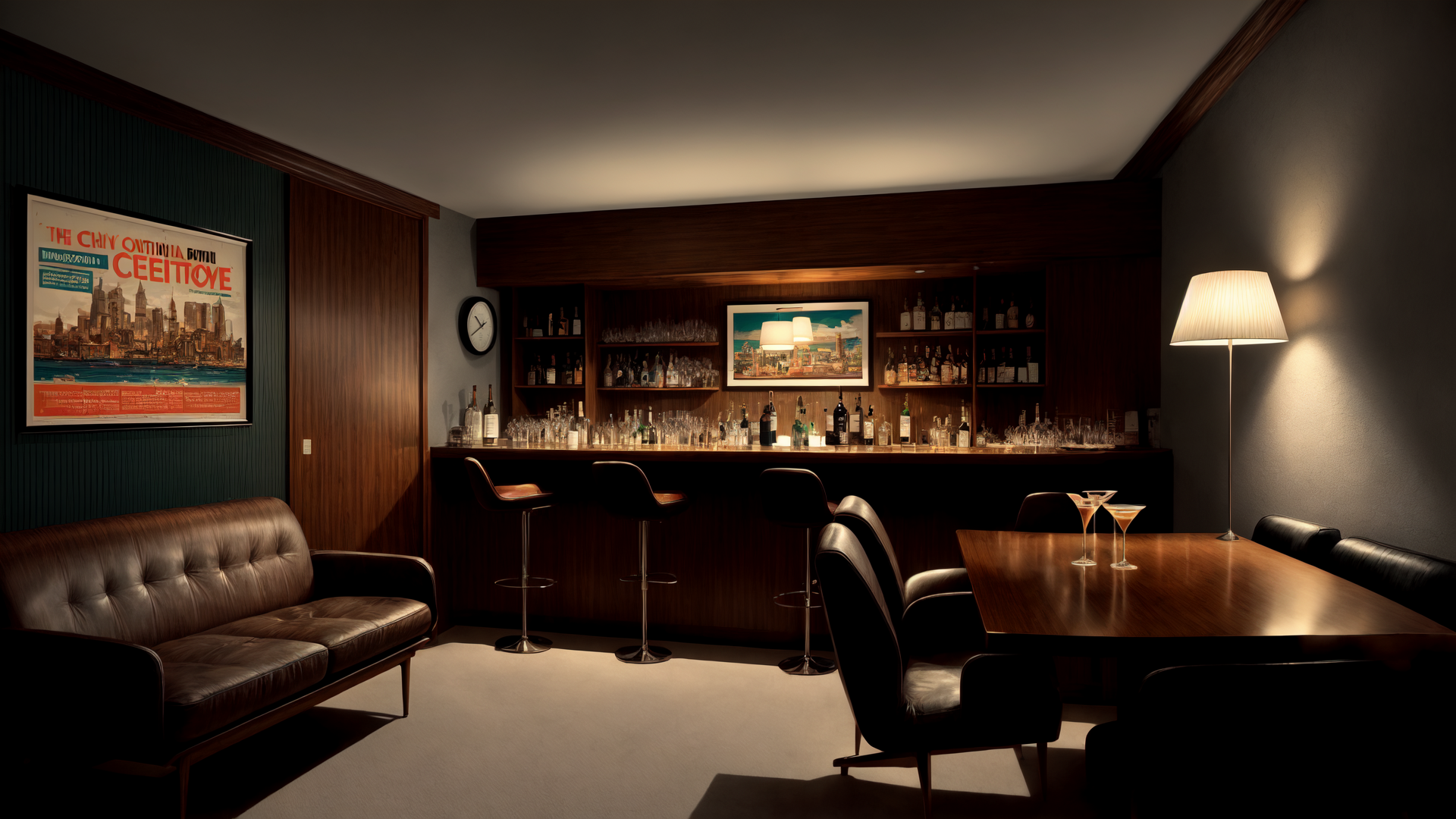 AI generated wallpaper featuring bar, sitting room, sofa, bar stool, table, lamp, poster, clock, wine glasses, bottles