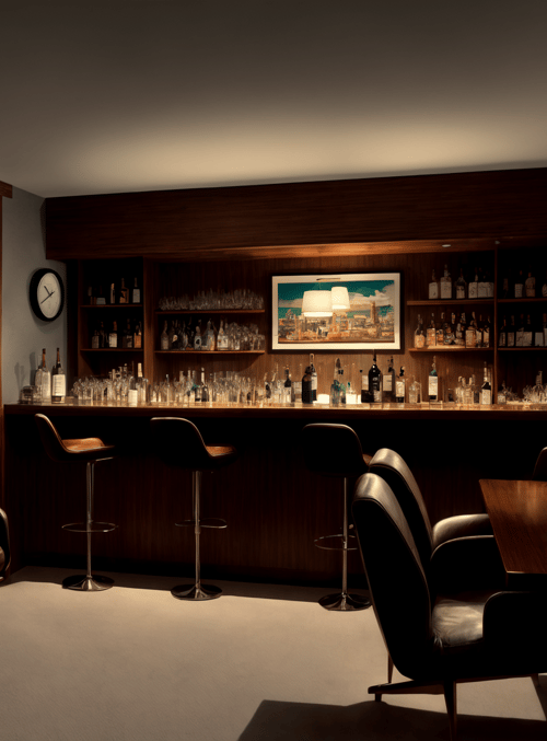 bar, sitting room, sofa, bar stool, table, lamp, poster, clock, wine glasses, bottles