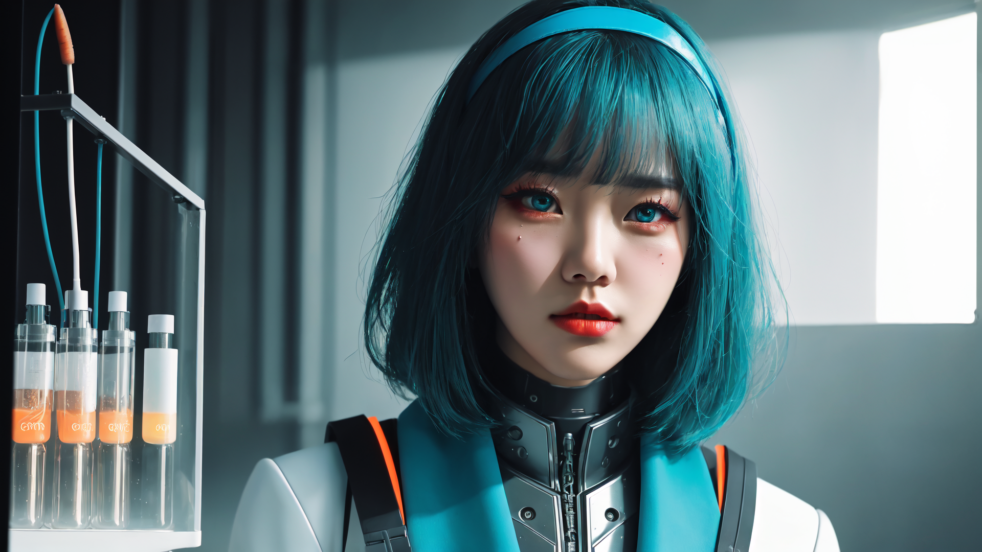 AI generated wallpaper featuring woman, robot, scientist, lab, test tube, headband, goggles, suit, syringe, machine