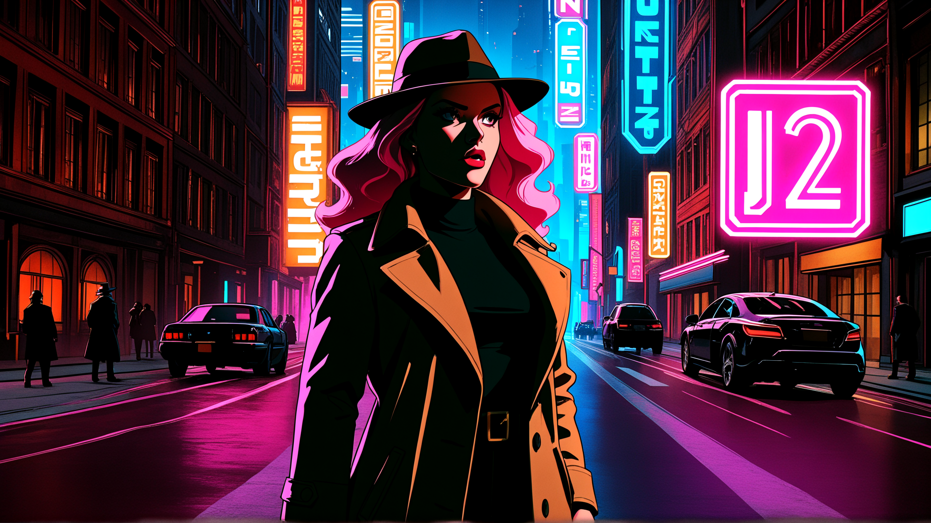 AI generated wallpaper featuring woman, city, neon signs, cars, buildings, hat, coat, street, signage, urban