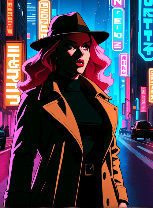 woman, city, neon signs, cars, buildings, hat, coat, street, signage, urban