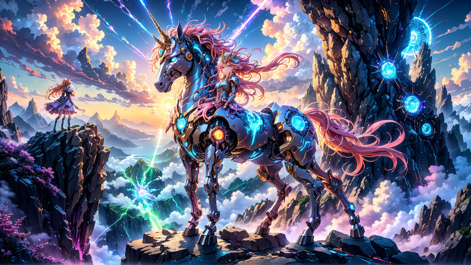 AI generated wallpaper featuring cybernetic unicorn, goddess, futuristic landscape