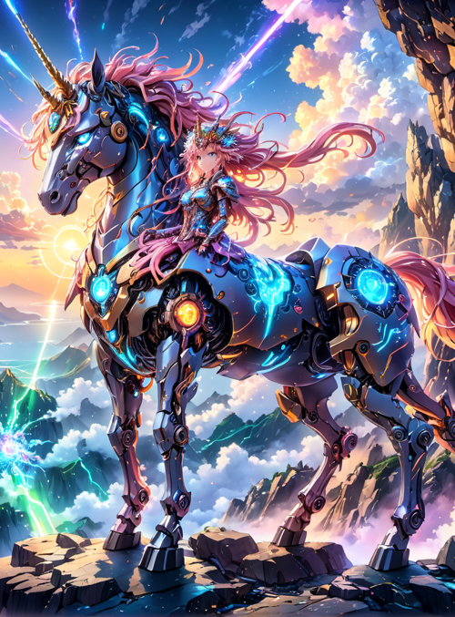 cybernetic unicorn, goddess, futuristic landscape