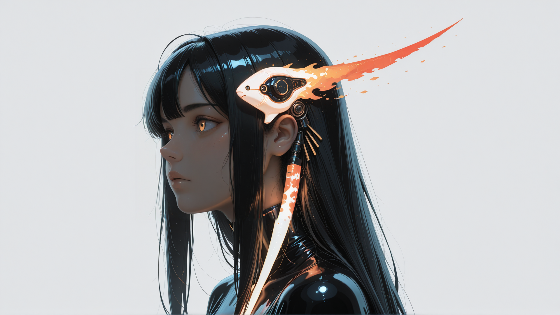 AI generated wallpaper featuring cyborg, girl, mechanical, goggles, hair, neck, ear, antenna, neon, soul