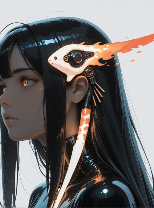 cyborg, girl, mechanical, goggles, hair, neck, ear, antenna, neon, soul
