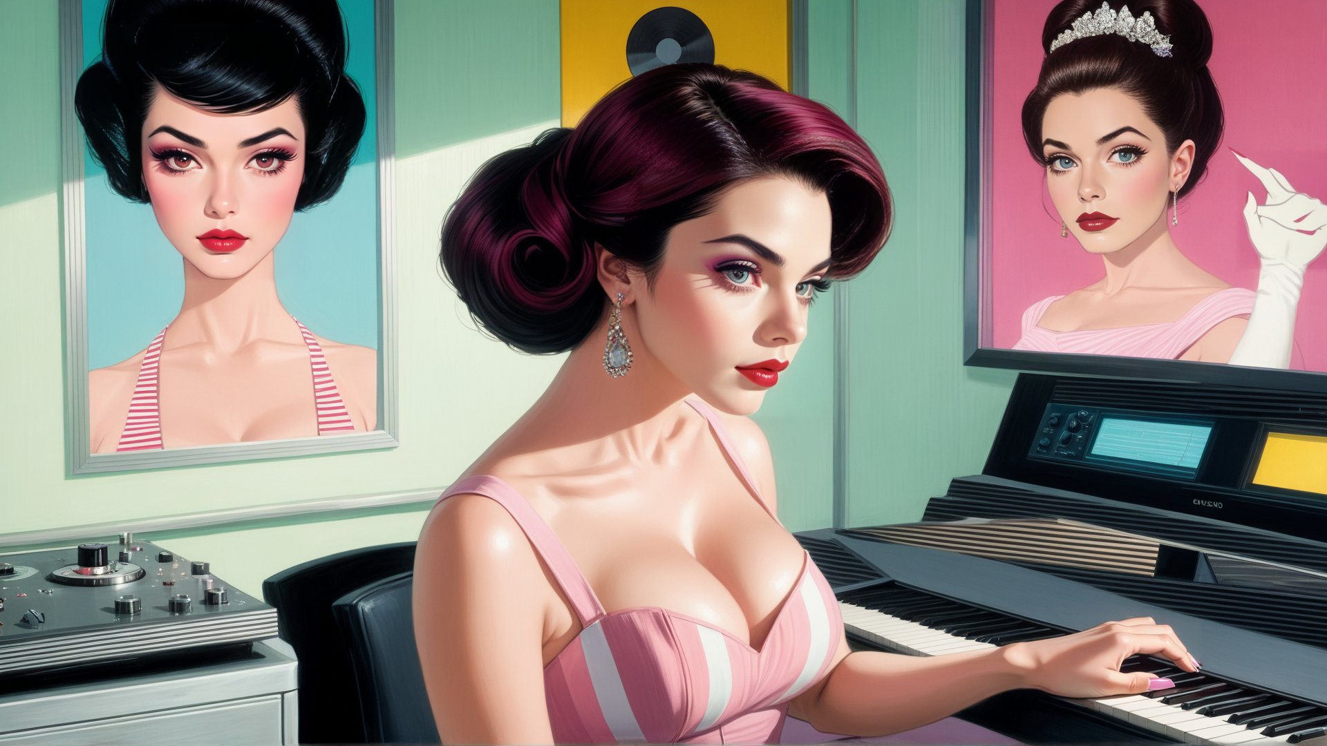 AI generated wallpaper featuring woman, piano, artwork, vintage, gloves