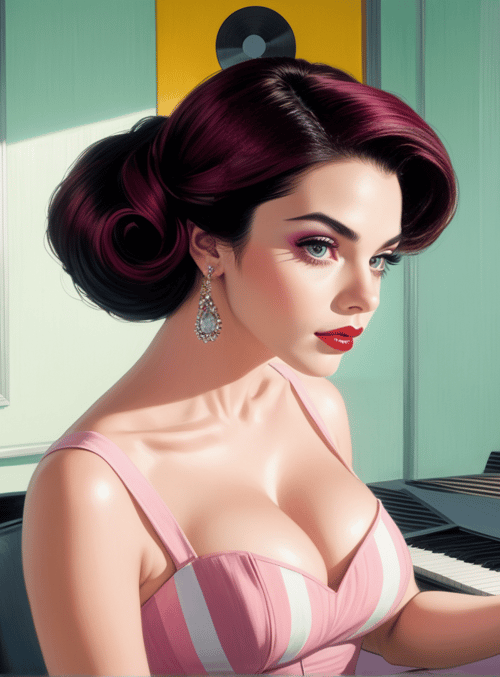 woman, piano, artwork, vintage, gloves