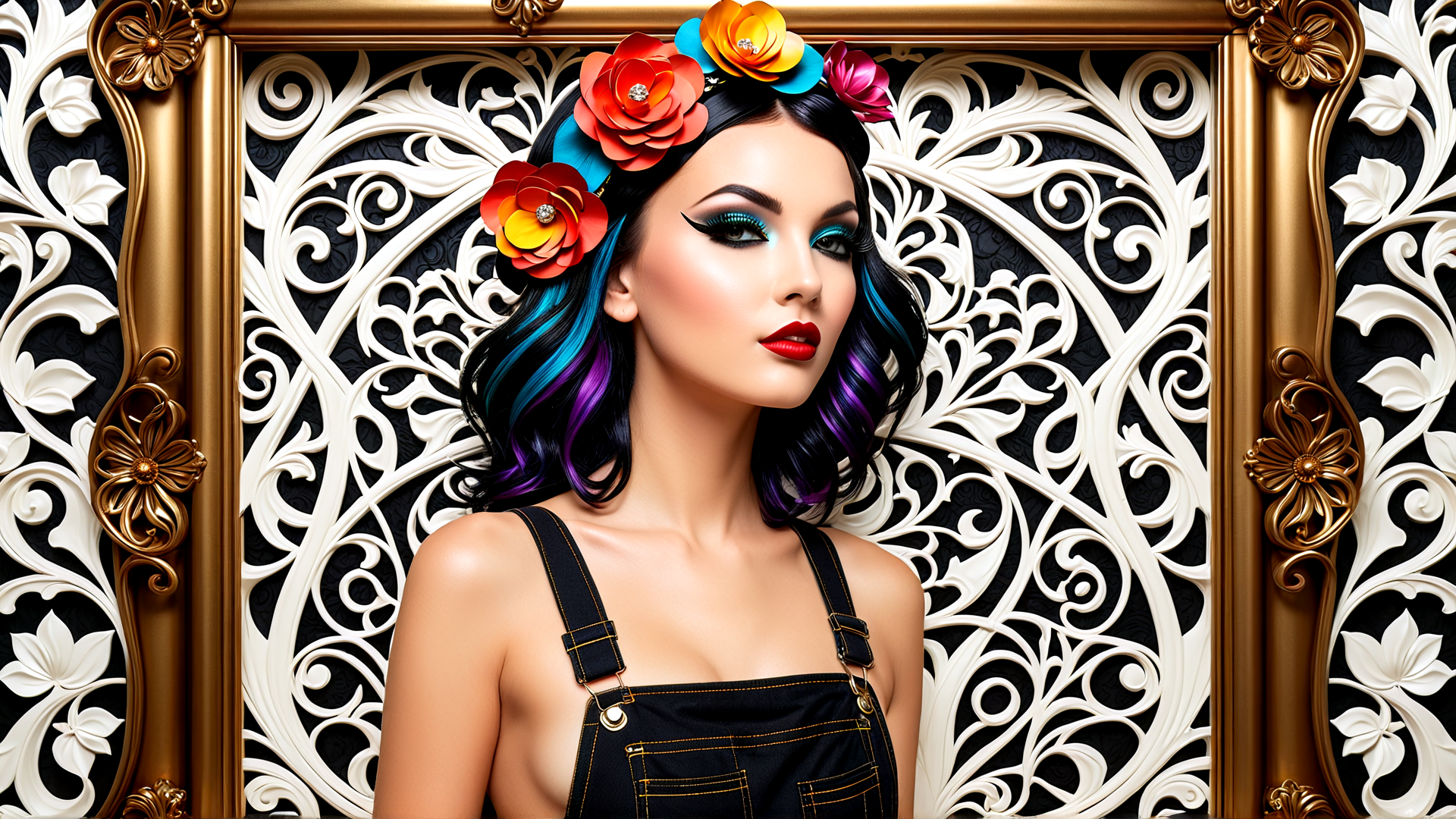 AI generated wallpaper featuring woman, flowers, hair, overalls