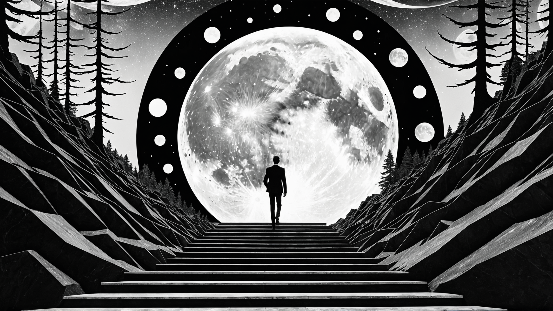 AI generated wallpaper featuring man, stairs, moon, trees, mountains, stars