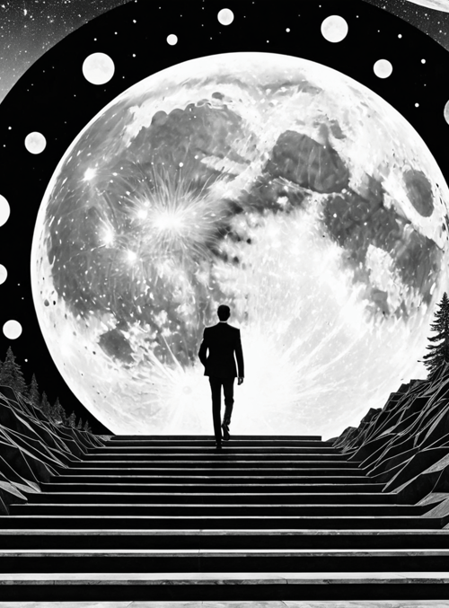 man, stairs, moon, trees, mountains, stars