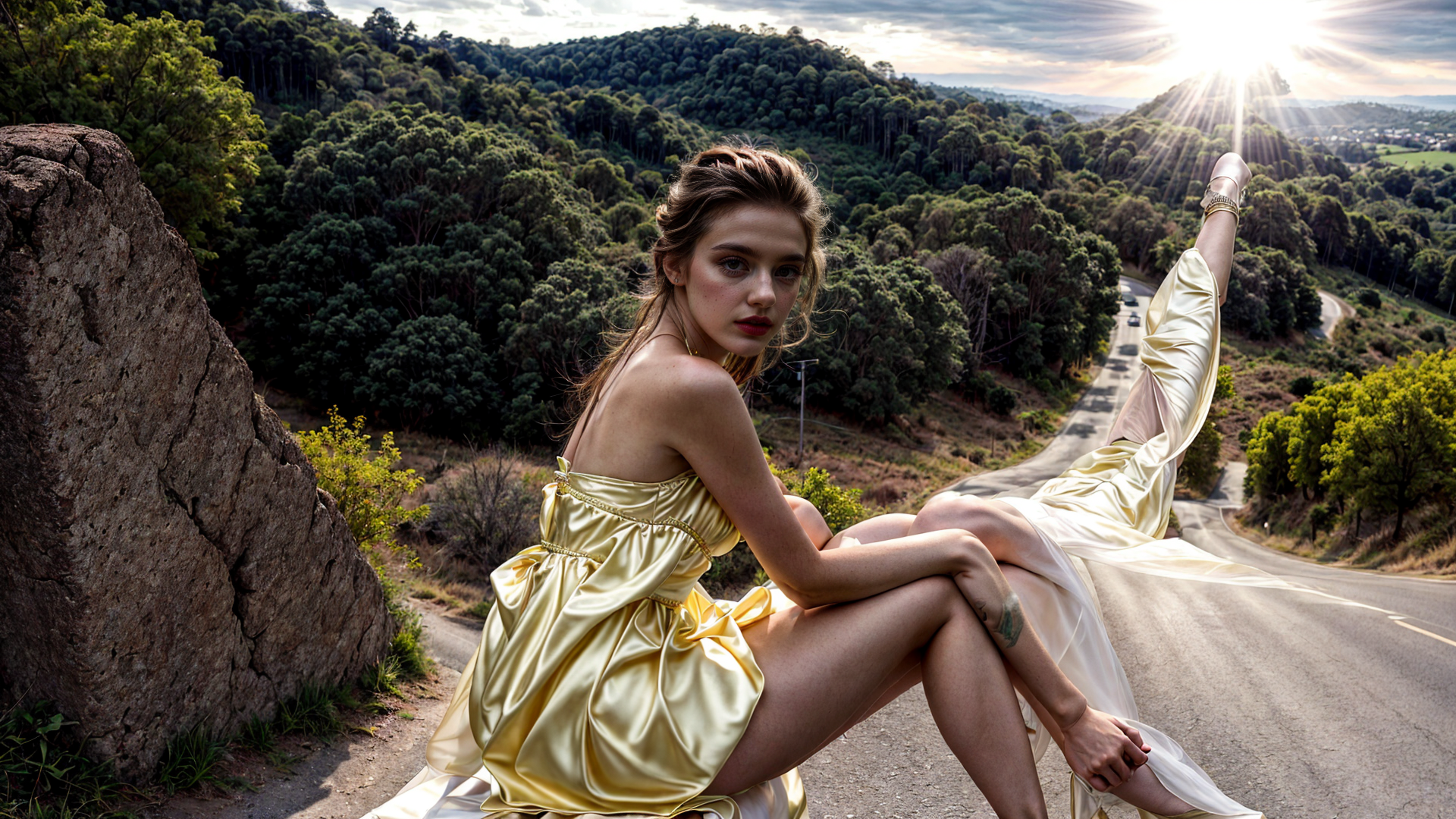 AI generated wallpaper featuring woman, dress, road