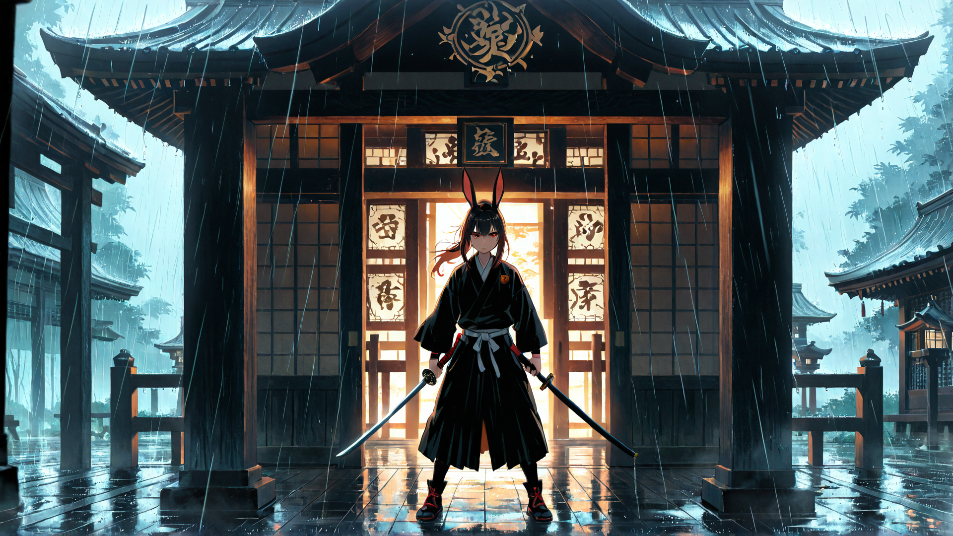 AI generated wallpaper featuring rabbit, samurai, kotatsu, sword, shoji, temple