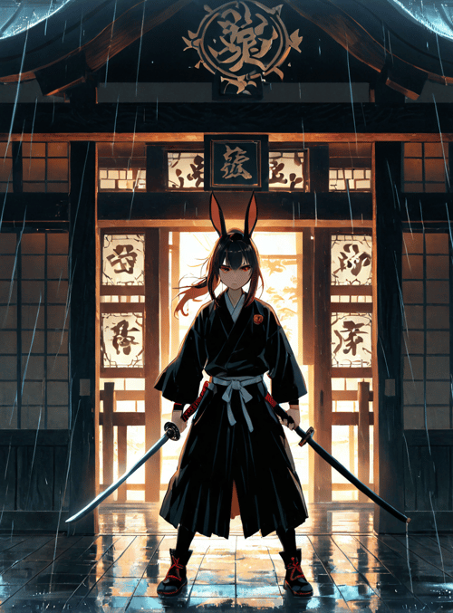 rabbit, samurai, kotatsu, sword, shoji, temple