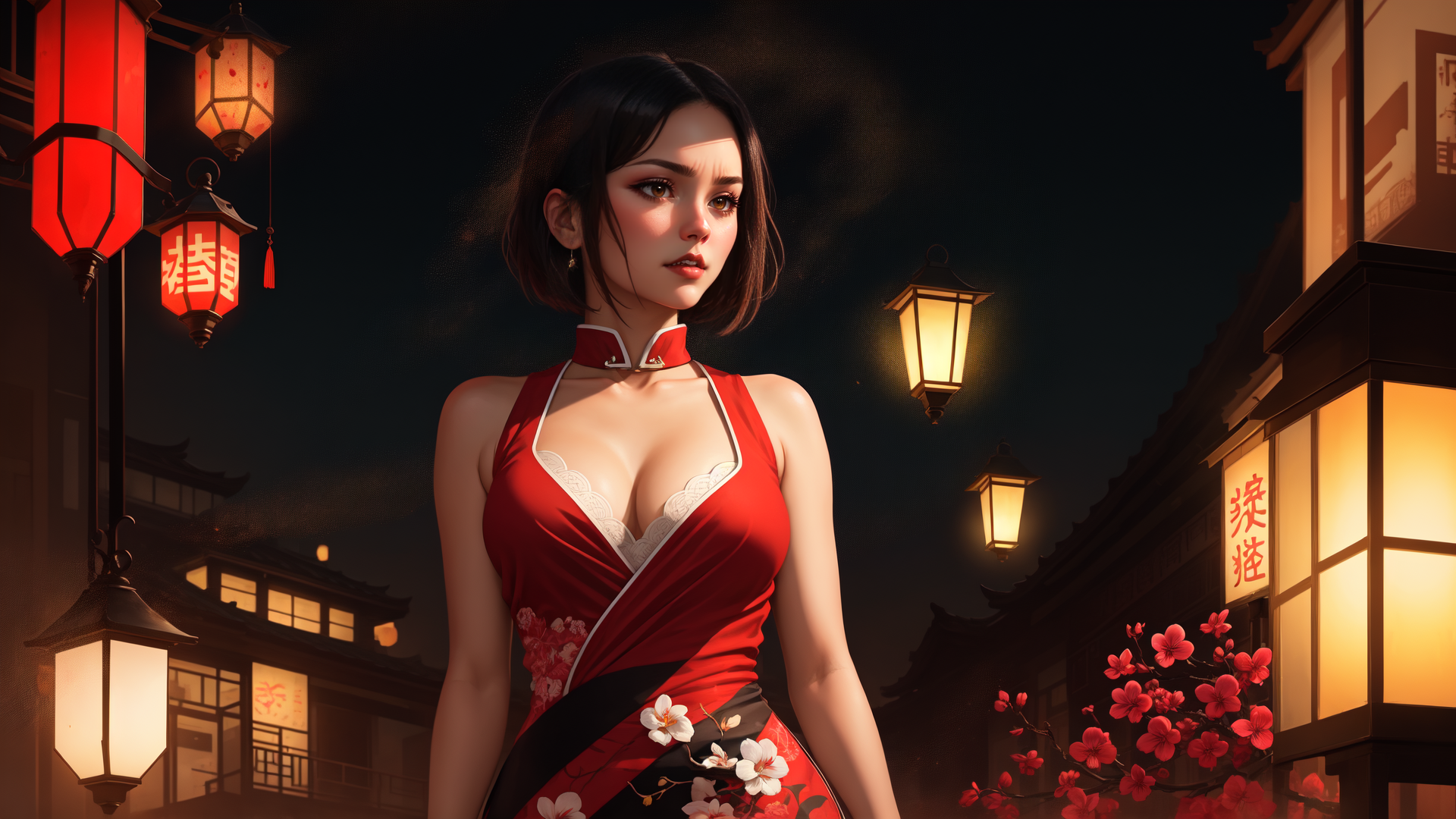 AI generated wallpaper featuring woman, lanterns, chinese architecture