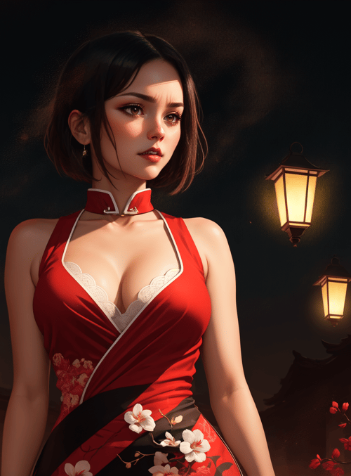 woman, lanterns, chinese architecture