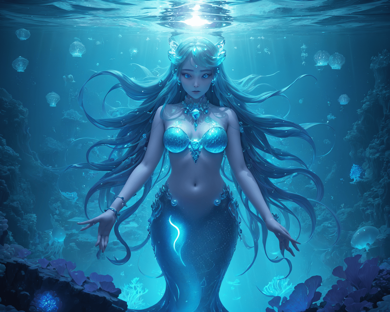 AI generated wallpaper featuring mermaid, ocean, coral
