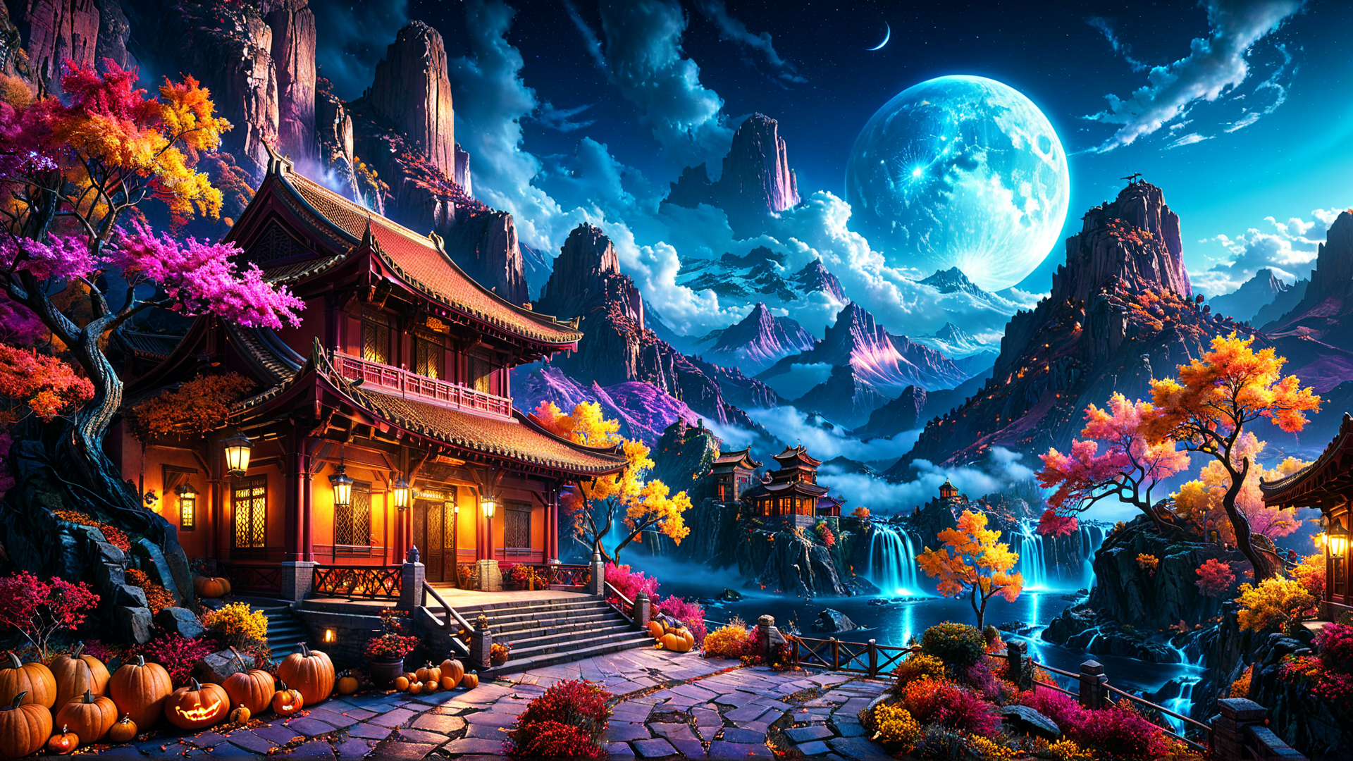 AI generated wallpaper featuring palace, mountains, trees, moon, pumpkins