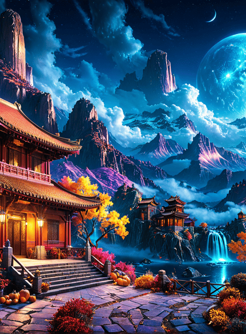 palace, mountains, trees, moon, pumpkins