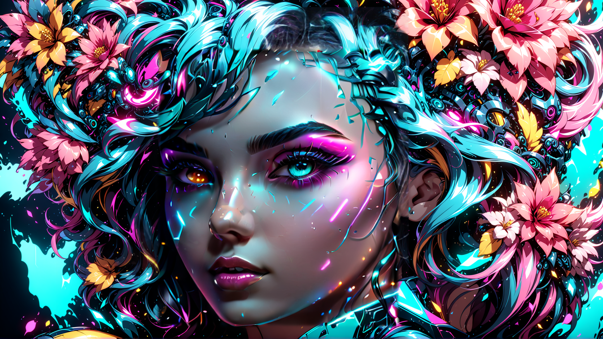 AI generated wallpaper featuring woman, flowers, neon