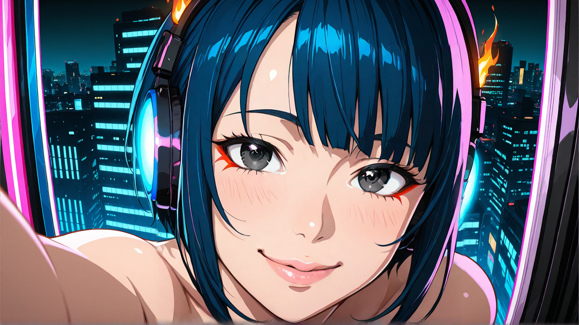 AI generated wallpaper featuring girl, headphones, cityscape, window