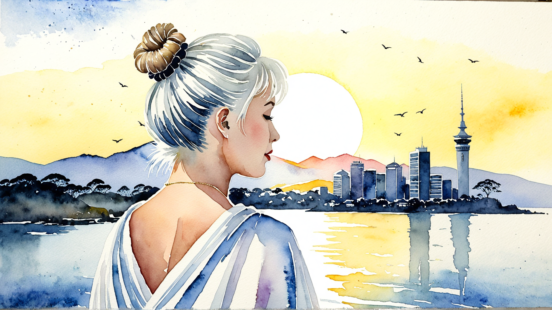 AI generated wallpaper featuring woman, cityscape, sun, birds, water