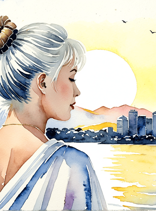 woman, cityscape, sun, birds, water