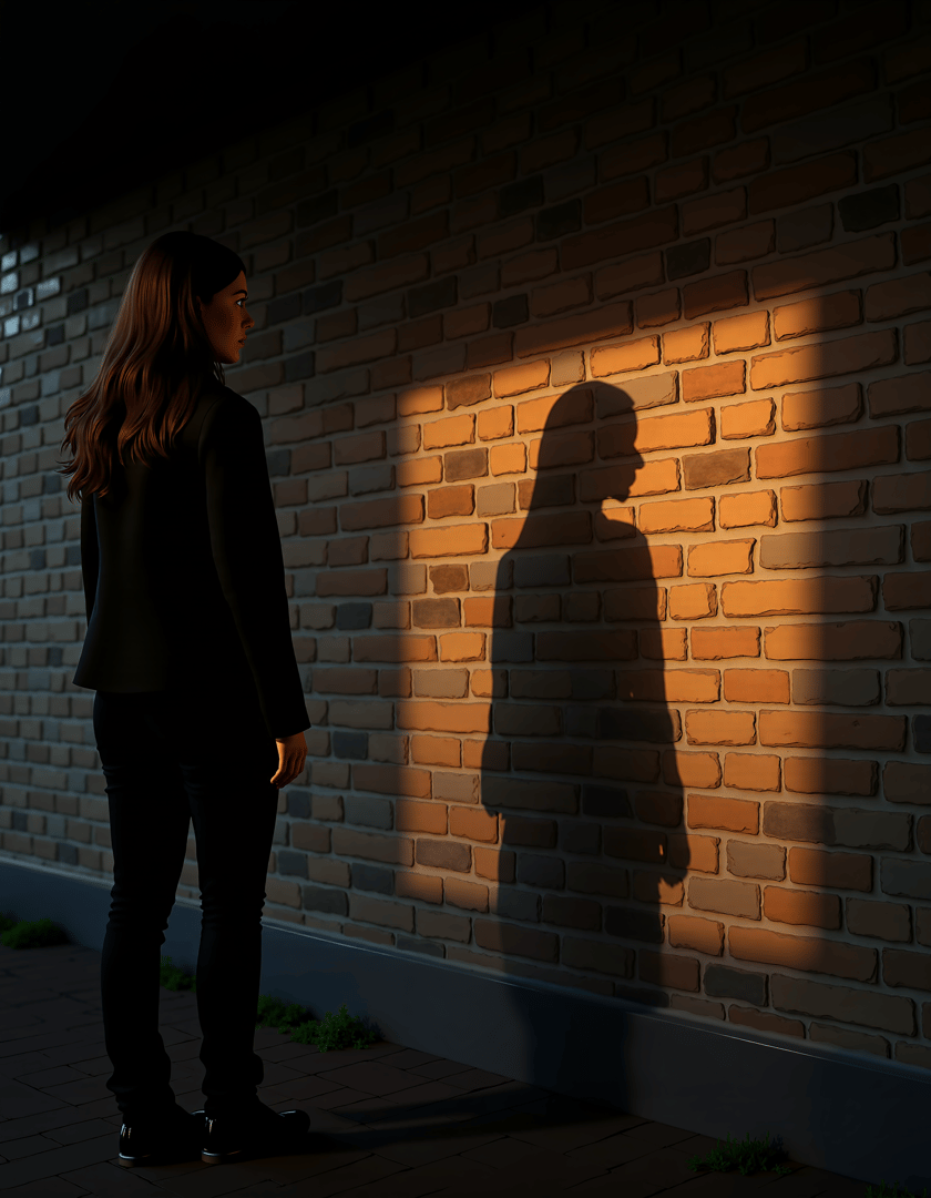AI generated wallpaper featuring woman, brick wall, shadow, street