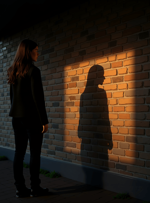 woman, brick wall, shadow, street