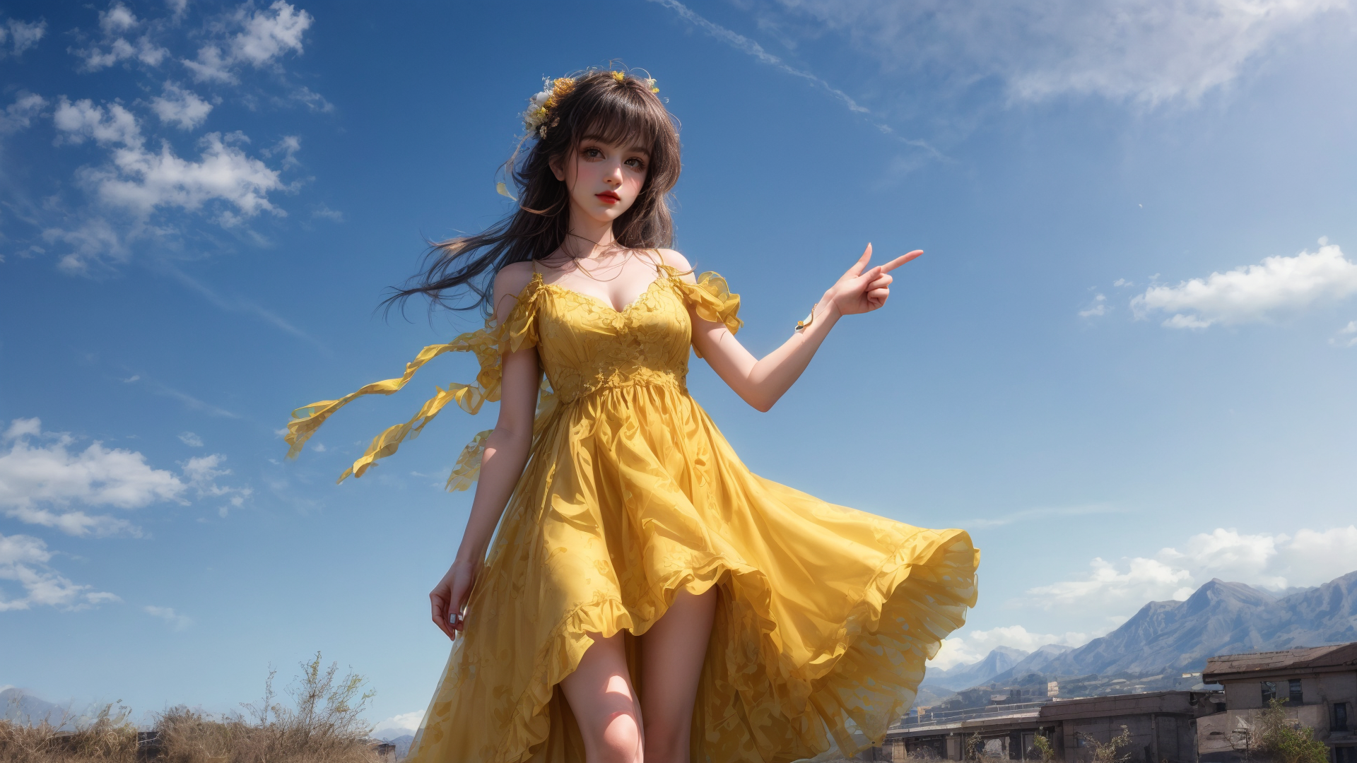 AI generated wallpaper featuring woman, dress, flowers