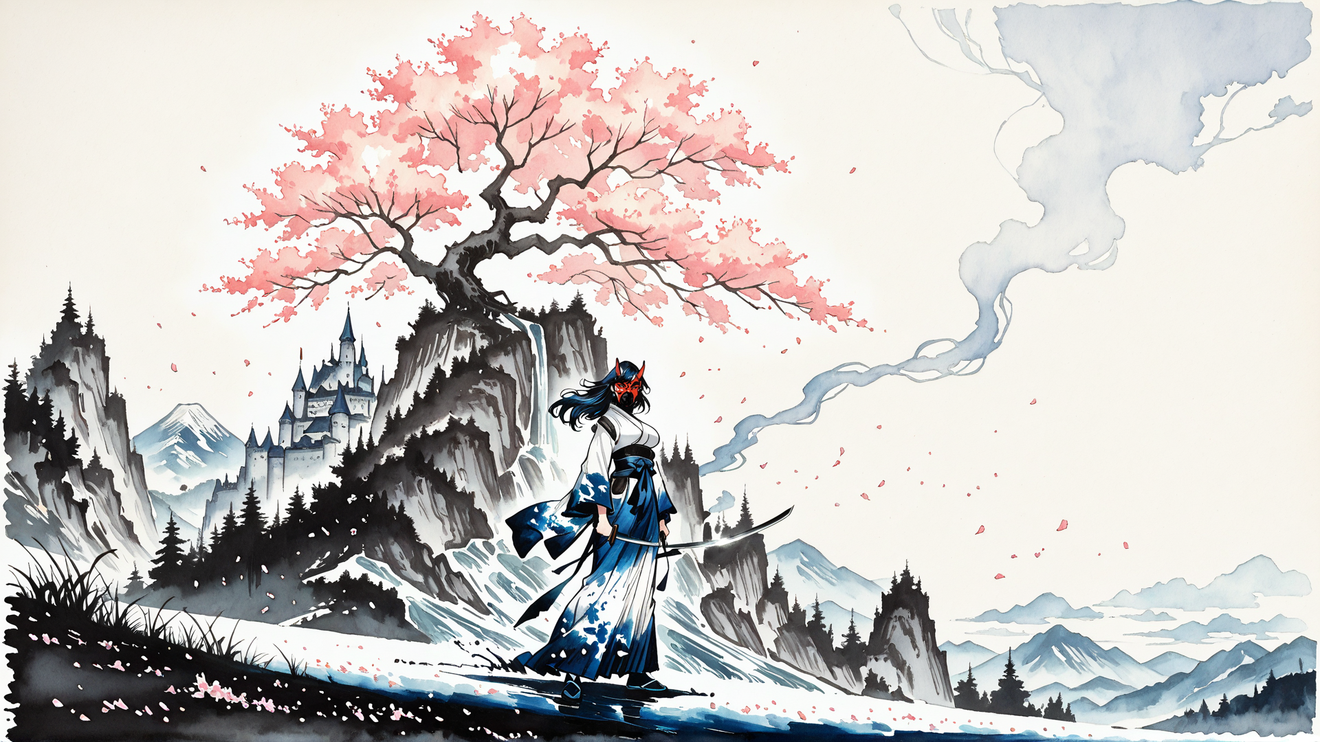 AI generated wallpaper featuring samurai, cherry tree, castle, mountain, sword, flying petals, waterfall, smoke, mountains, forest