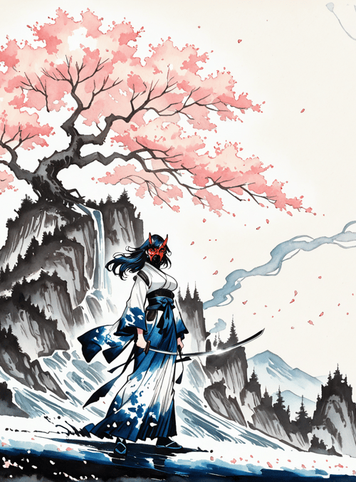 samurai, cherry tree, castle, mountain, sword, flying petals, waterfall, smoke, mountains, forest