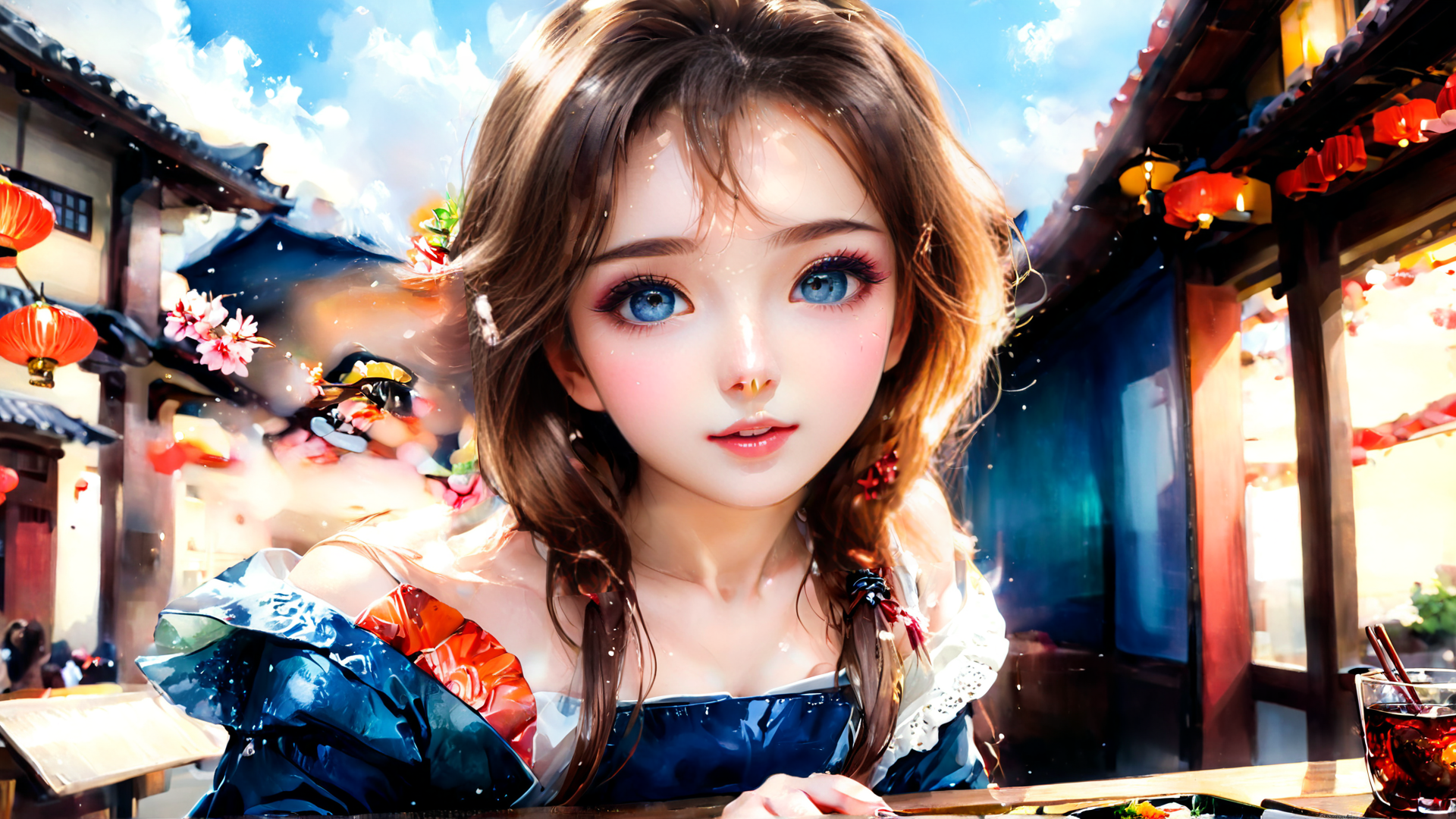 AI generated wallpaper featuring girl, lanterns, street
