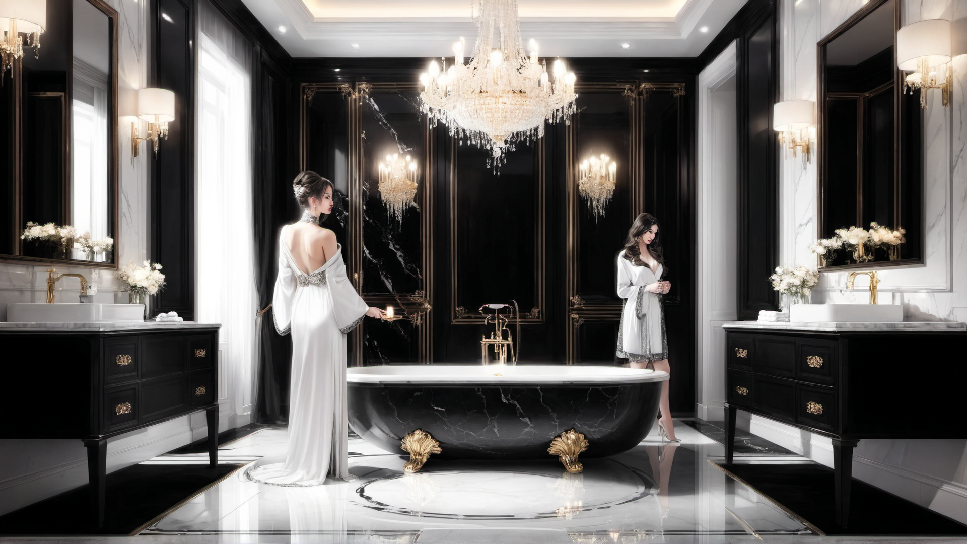 AI generated wallpaper featuring woman, bathroom, chandelier