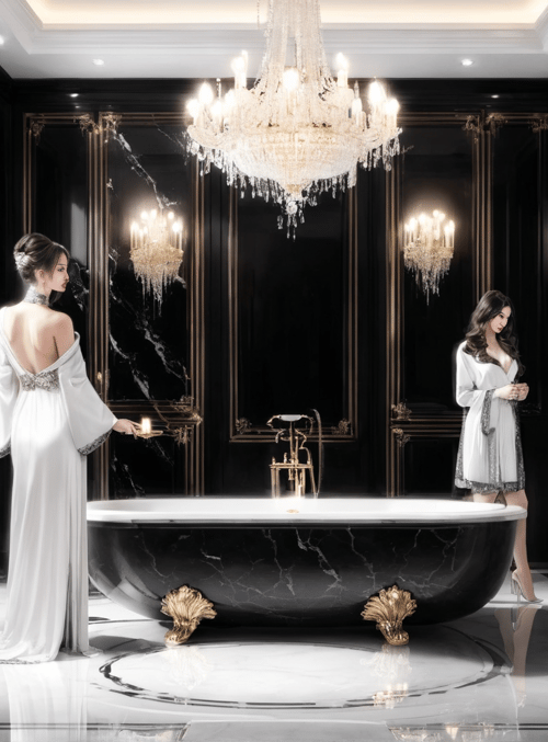 woman, bathroom, chandelier