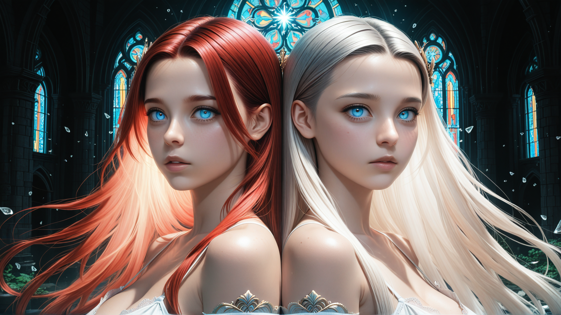 AI generated wallpaper featuring girls, princesses, twins, fashion, hair, gowns