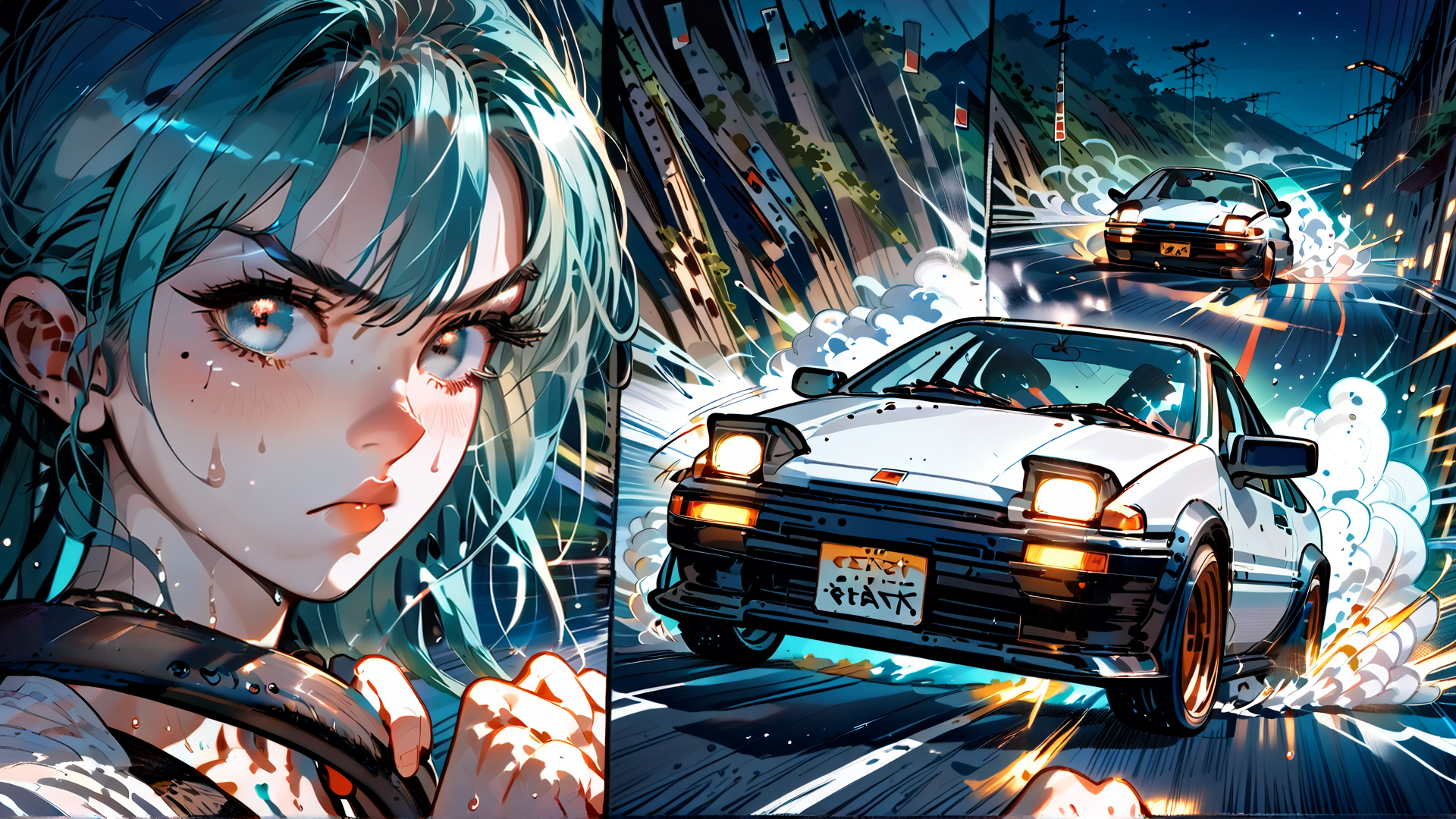 AI generated wallpaper featuring car, girl, street, driving, nissan