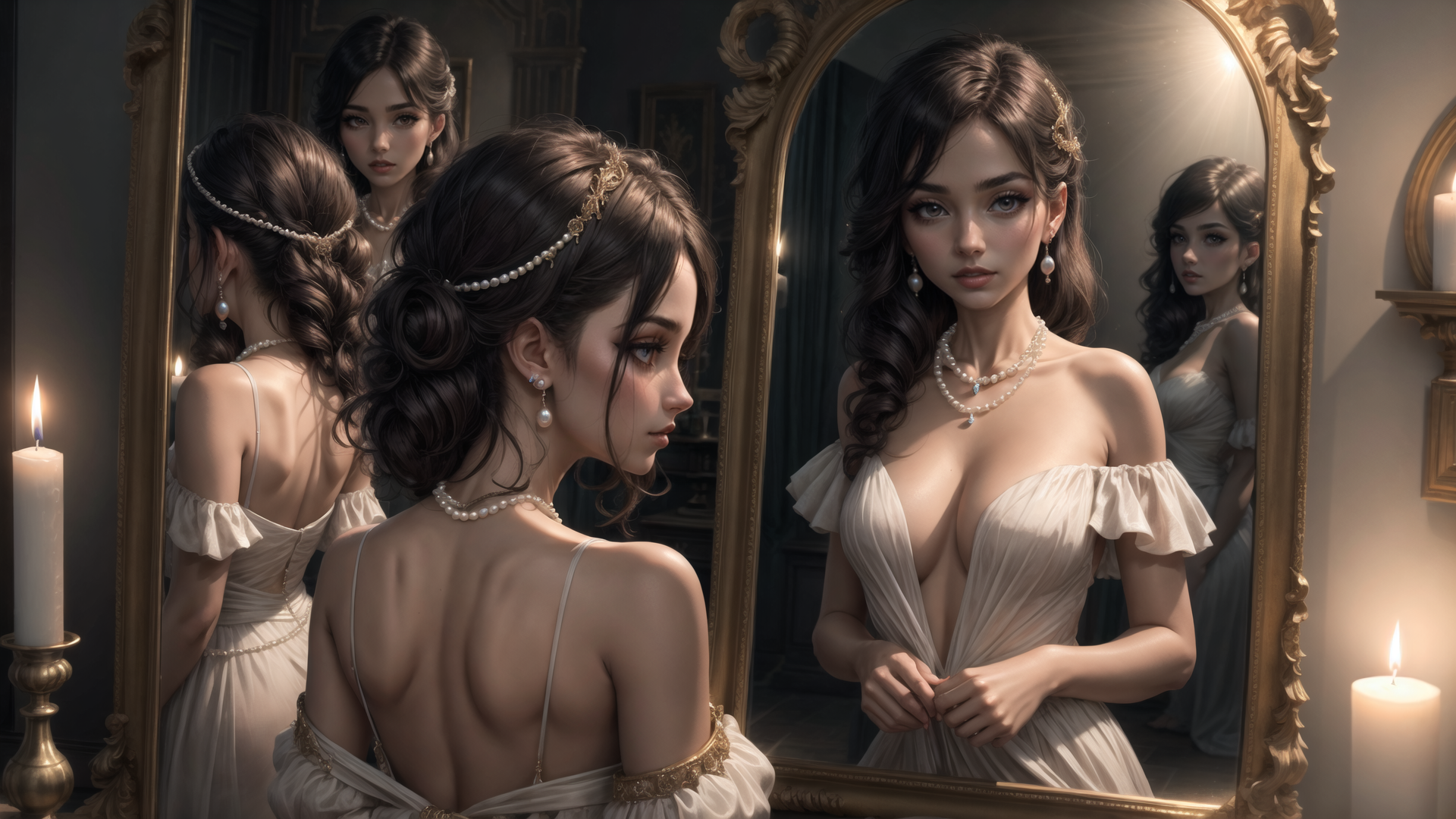 AI generated wallpaper featuring woman, mirror, dress, candle, pearl, hair, jewelry, chignon, gown, reflection