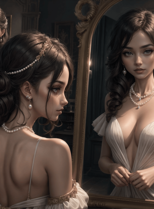 woman, mirror, dress, candle, pearl, hair, jewelry, chignon, gown, reflection