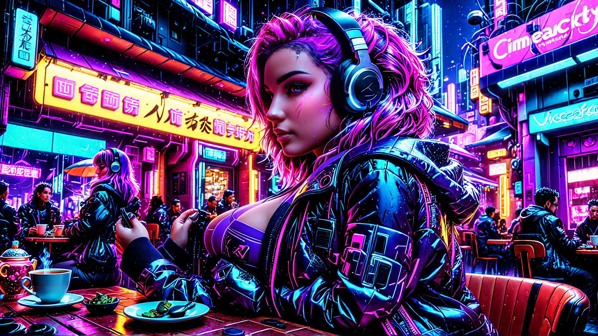 AI generated wallpaper featuring woman, neon, street