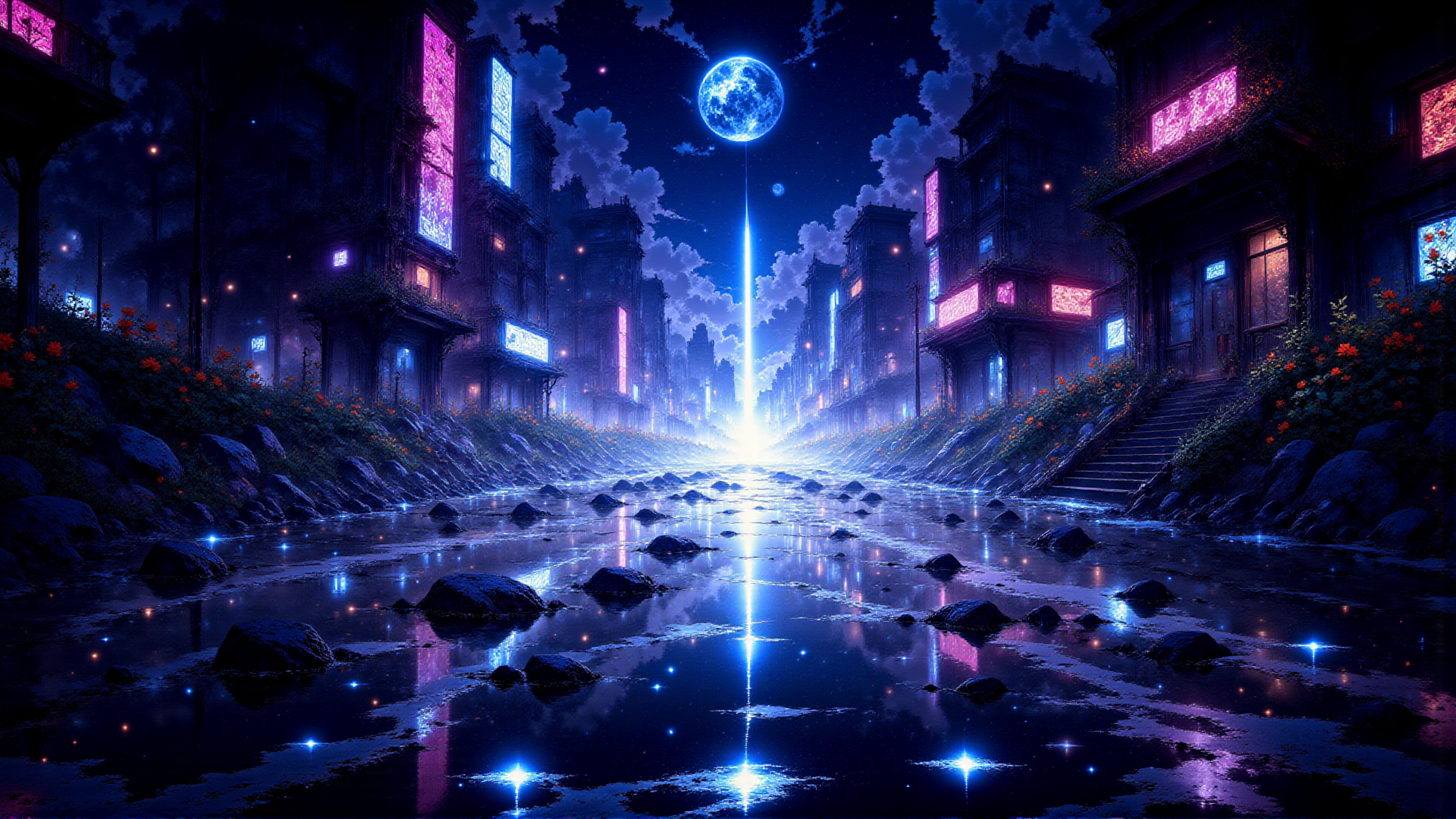 AI generated wallpaper featuring city, river, moon, buildings, neon, flowers, rocks, stairs, signs, sky