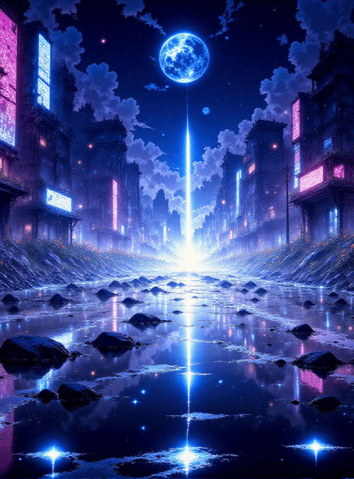 city, river, moon, buildings, neon, flowers, rocks, stairs, signs, sky