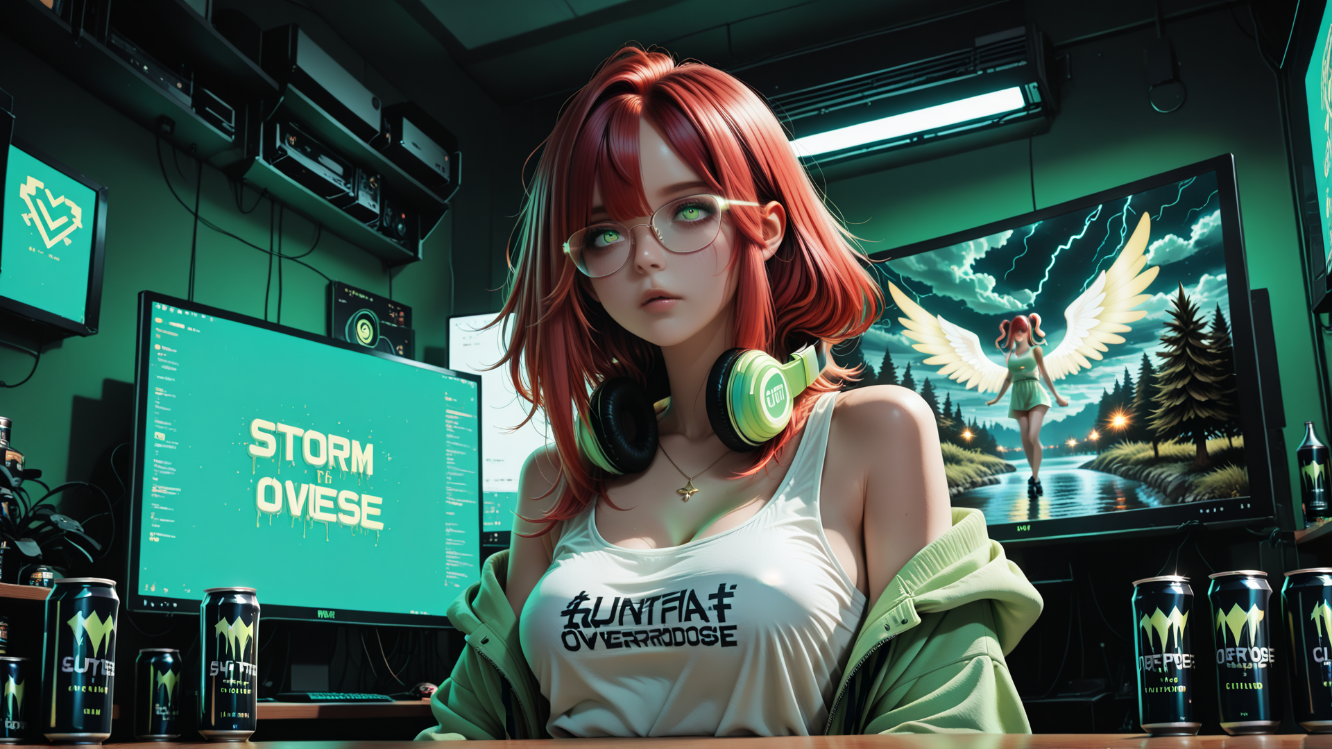 AI generated wallpaper featuring woman, gamer, headphones, computer, monitor, can