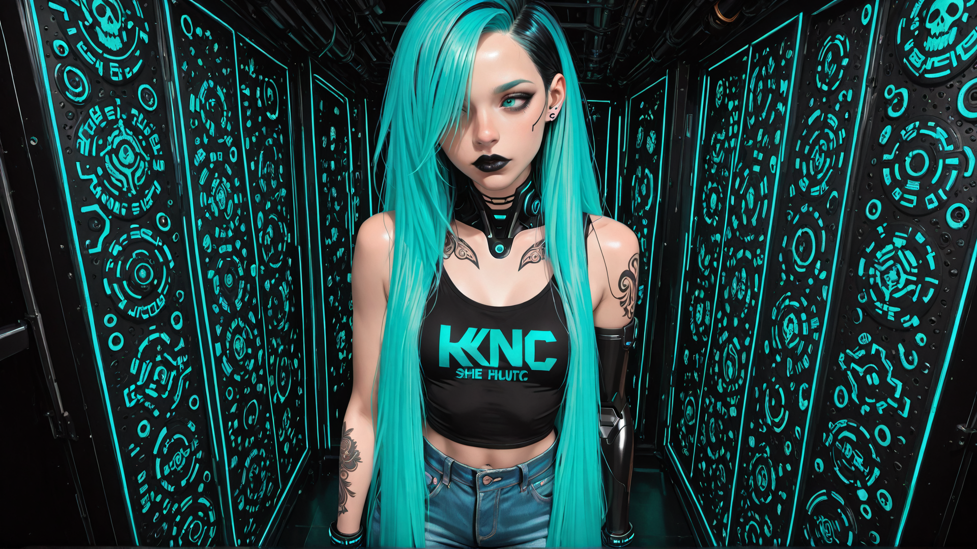 AI generated wallpaper featuring cyborg, woman, neon, tattoo, robotic, hair, shirt, jeans, gadgets, corridor