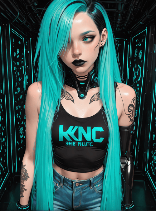 cyborg, woman, neon, tattoo, robotic, hair, shirt, jeans, gadgets, corridor