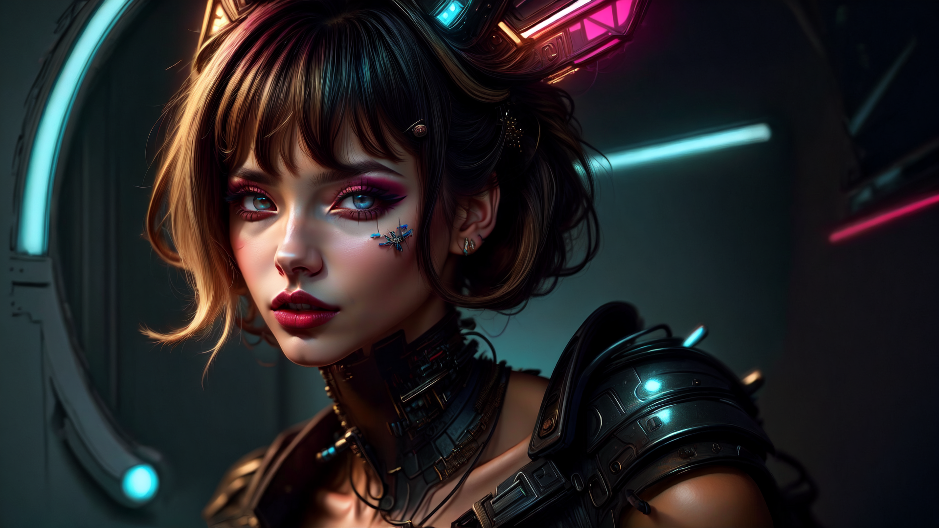 AI generated wallpaper featuring cyborg, woman, neon, armor, futurism